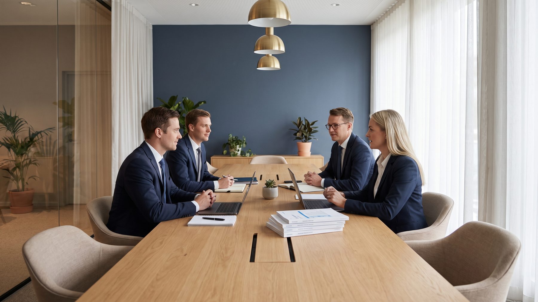 Four advisors reviewing client documents together across a conference table.