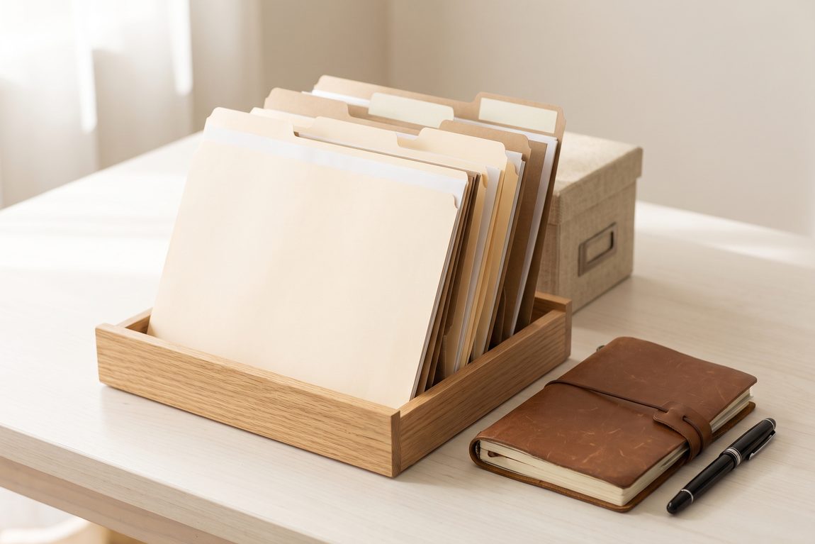 An organized file box of tax records and correspondence on a desk.