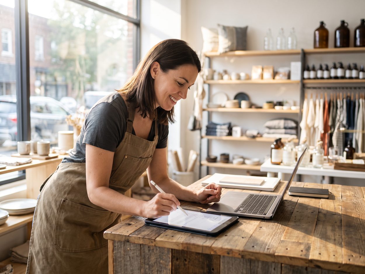 A small-business owner working on a laptop at the counter of their shop.